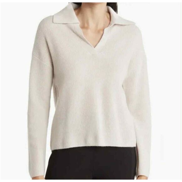 Magaschoni Cashmere Johnny Collar Tan Collared V-Neck Sweater. size XS - Picture 1 of 5